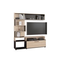 Mueble TV de Madera Color Wengué y Natural con Estantes y Puertas, 151.5x37.5x169.5 cm – Mueble salón moderno.